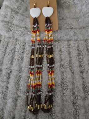 Handcrafted Brown Beaded Tassel Earrings with White Heart Shells
